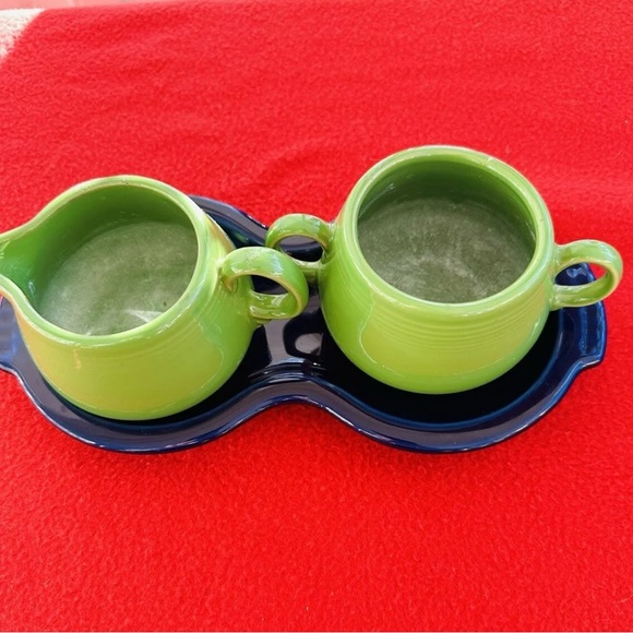 FIESTA Sugar & Creamer Tray Set Shamrock Green Cobalt Blue NO LID Homer Laughlin - Picture 3 of 12